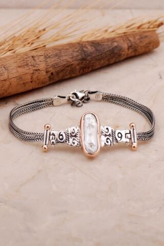 Doğal Sedef Elişi Tasarım Gümüş Bileklik 3449