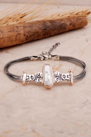 Doğal Sedef Elişi Tasarım Gümüş Bileklik 3449