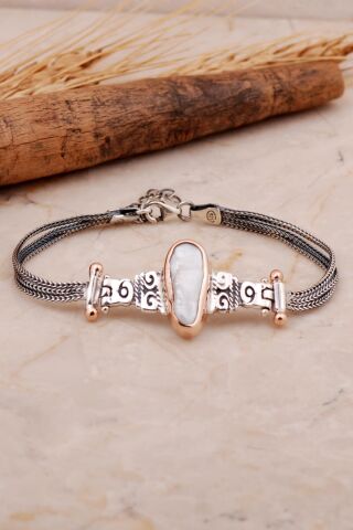 Doğal Sedef Elişi Tasarım Gümüş Bileklik 3449