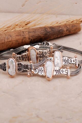 Doğal Sedef Elişi Tasarım Gümüş Bileklik 3449
