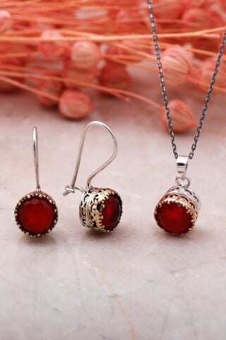 Kök Yakut Elişi Gümüş İkili Set 2333-Yuvarlak