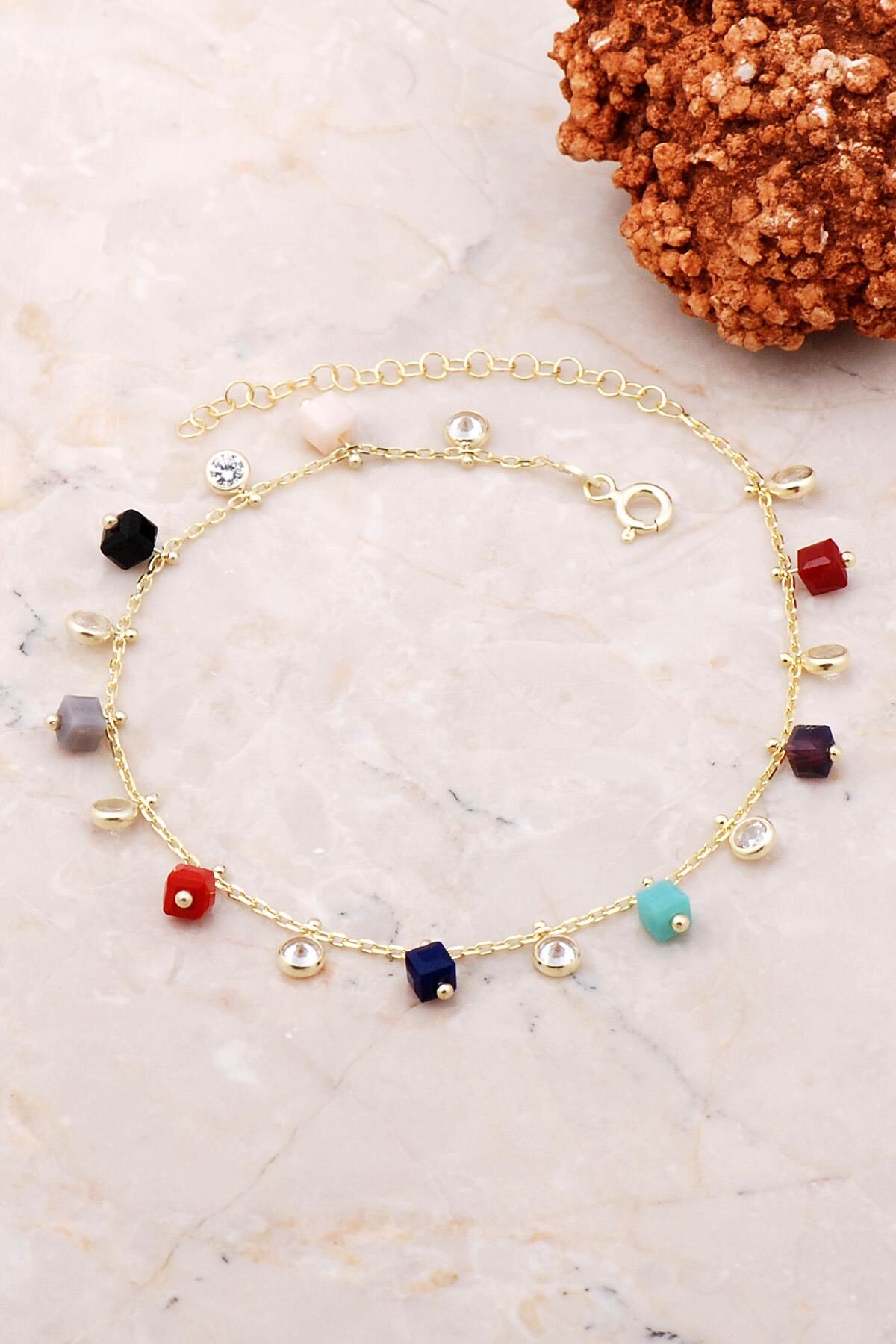 Sıra Taşlı Sallantılı Altın Yaldızlı Gümüş Halhal 299