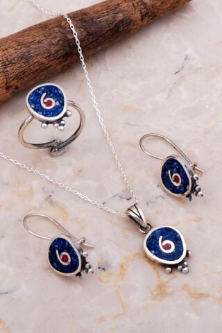 Antik Mozaik İşlemeli Lapis Lazuli Taşlı Gümüş Set 2629