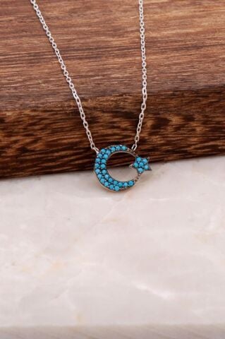 Ay Yıldız Rodyumlu Gümüş Kolye 1671