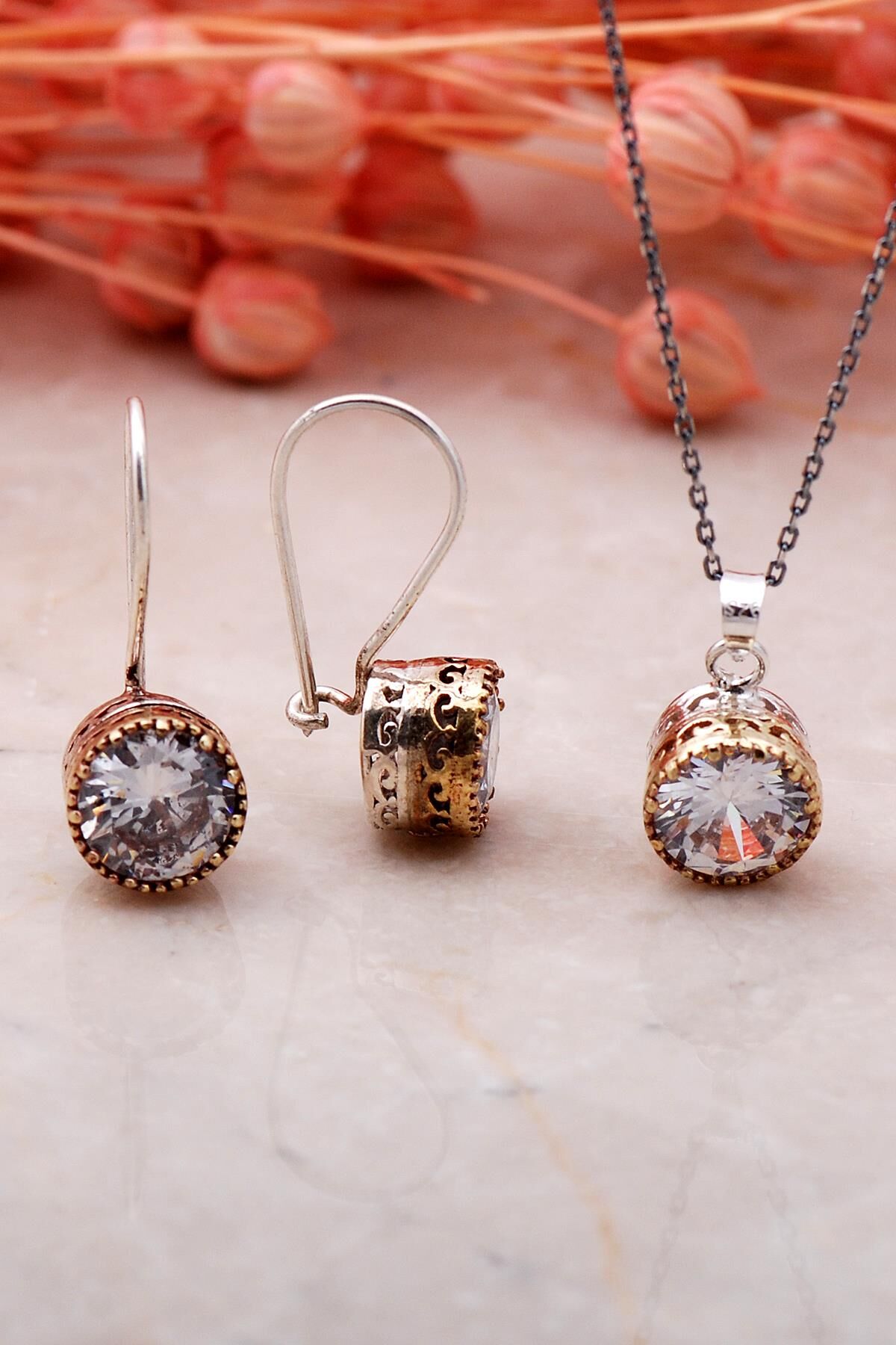 Kuvars Elişi Gümüş İkili Set 2334-Yuvarlak