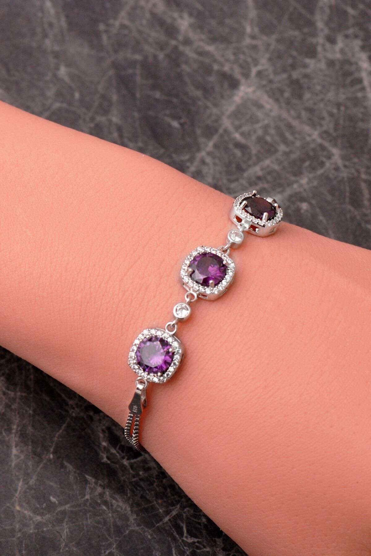 3 Farklı Renk Seçenekli Rodyumlu 925 Ayar Gümüş Bileklik 4931 Ametist Taşı (Mor)