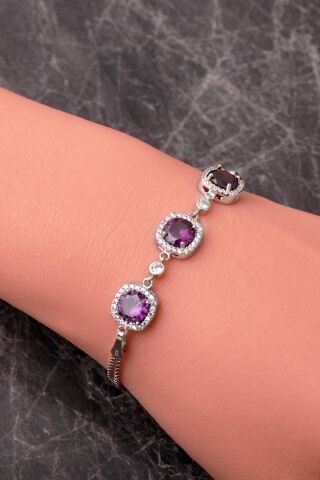 3 Farklı Renk Seçenekli Rodyumlu 925 Ayar Gümüş Bileklik 4931 Ametist Taşı (Mor)