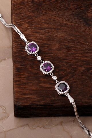 3 Farklı Renk Seçenekli Rodyumlu 925 Ayar Gümüş Bileklik 4931 Ametist Taşı (Mor)