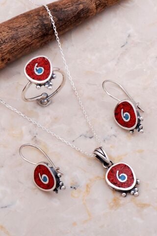 Antik Mozaik İşlemeli Mercan Taşlı Gümüş Set 2630