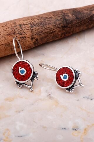 Antik Mozaik İşlemeli Mercan Taşlı Gümüş Küpe 6067