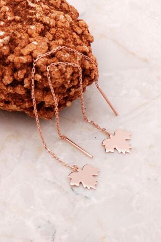 Çınar Ağacı Yaprağı Rose Gümüş Zincir Küpe 5183