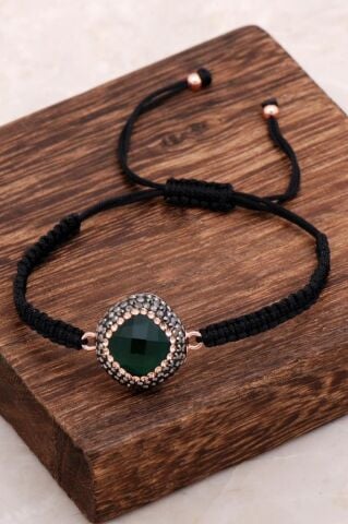 Kök Zümrüt Taşlı Makrome Rose Gümüş Bileklik 3062