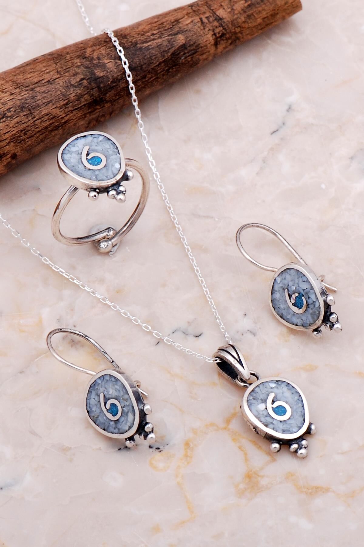 Antik Mozaik İşlemeli Sedef Taşlı Gümüş Set 2631