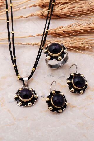 Ametist Taşlı Altın Yaldızlı Mini Gümüş Set 557