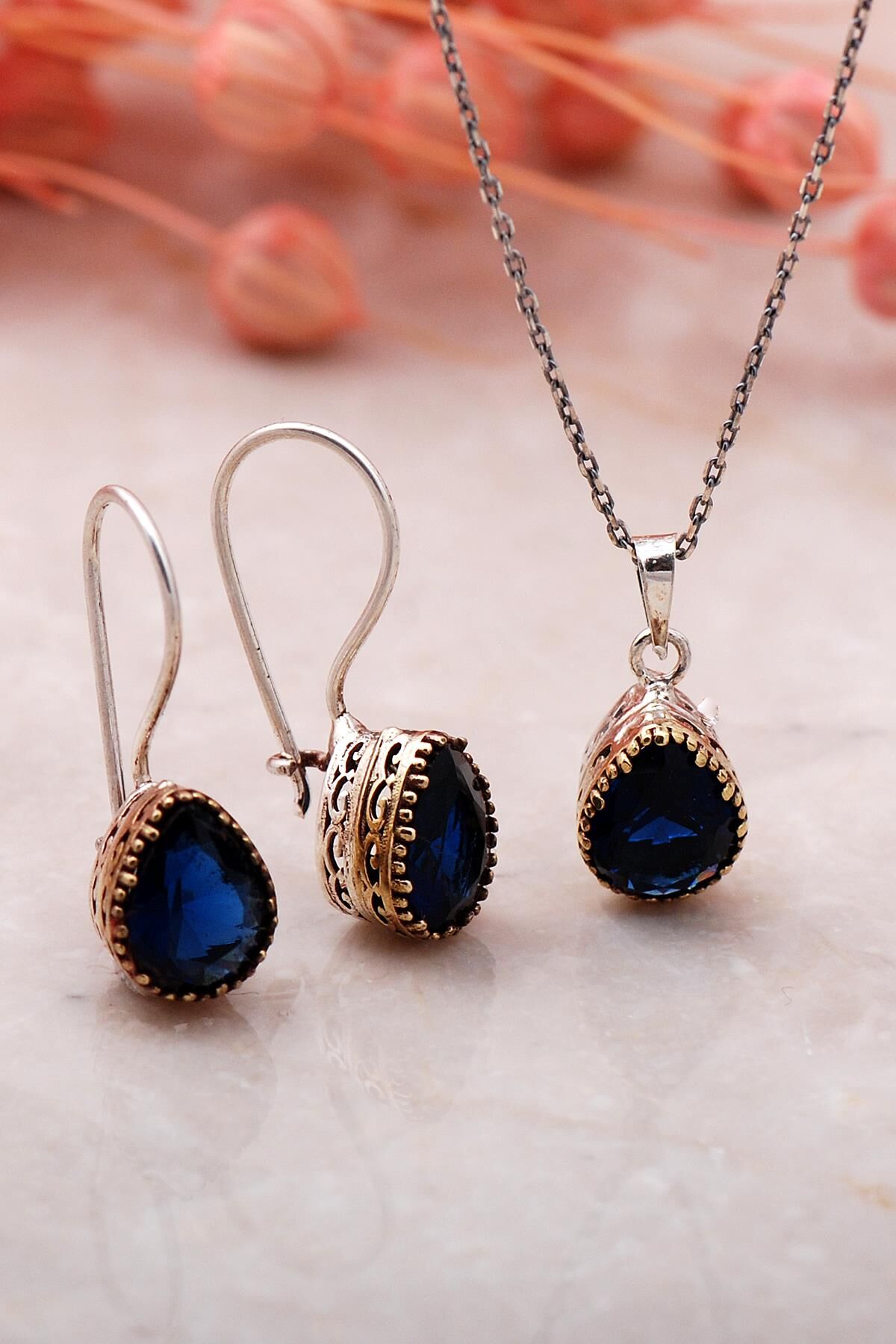 Safir Elişi Gümüş İkili Set 2338-Damla