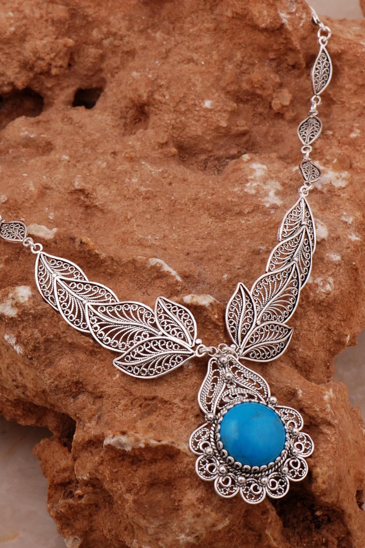 Firuze Telkari İşlemeli Gümüş Gerdanlık Kolye 8009