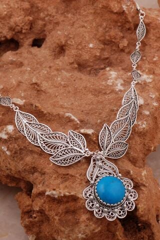 Firuze Telkari İşlemeli Gümüş Gerdanlık Kolye 8009