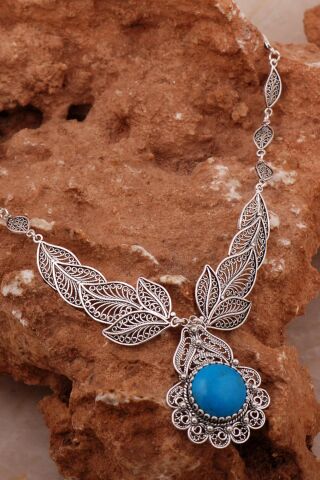 Firuze Telkari İşlemeli Gümüş Gerdanlık Kolye 8009