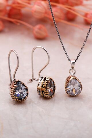 Kuvars Elişi Gümüş İkili Set 2339-Damla