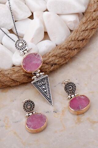 Pembe Kuvars Elişi Antik Tasarım Gümüş Set 2098