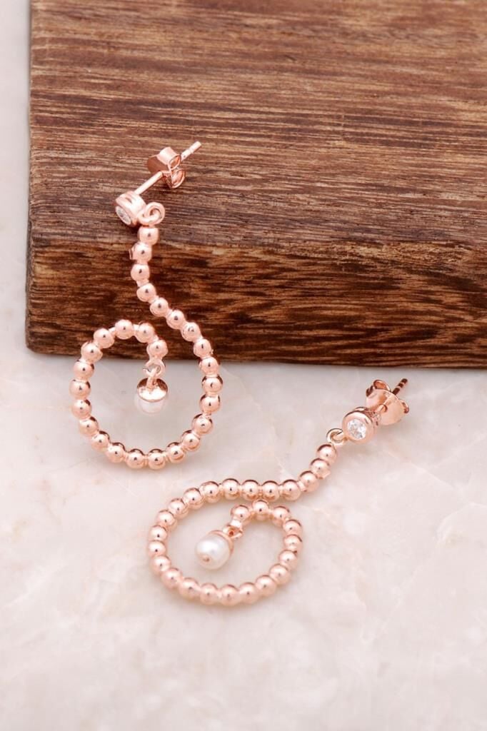 Rose Gümüş İnci Taşlı Tasarım Küpe 4176