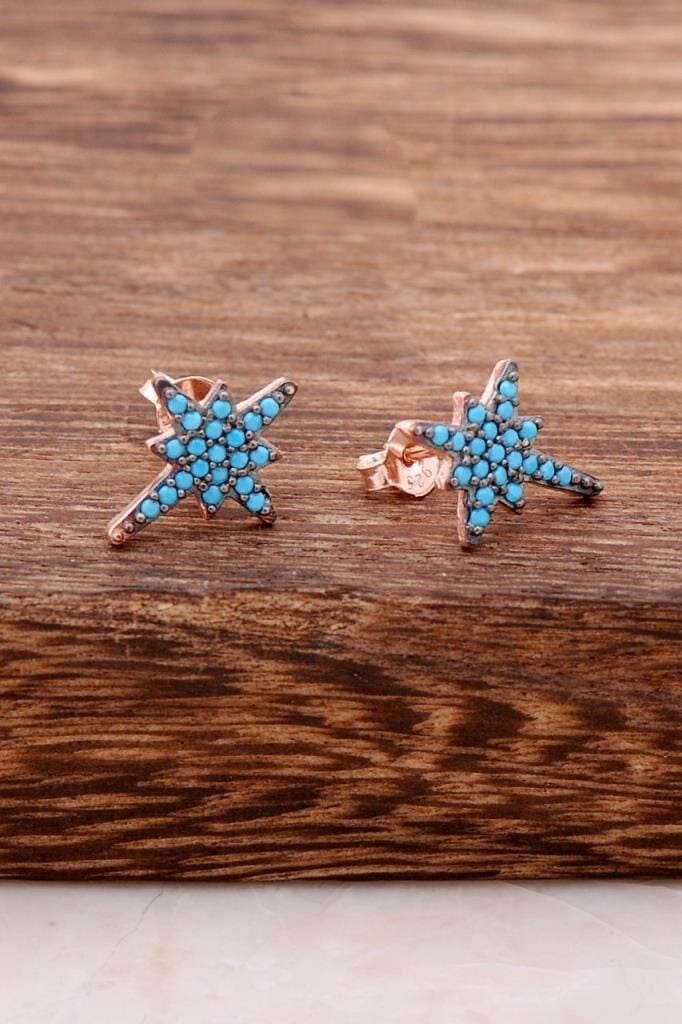 Turkuaz Taşlı Kuzey Yıldızı Rose Gümüş Küpe 3777