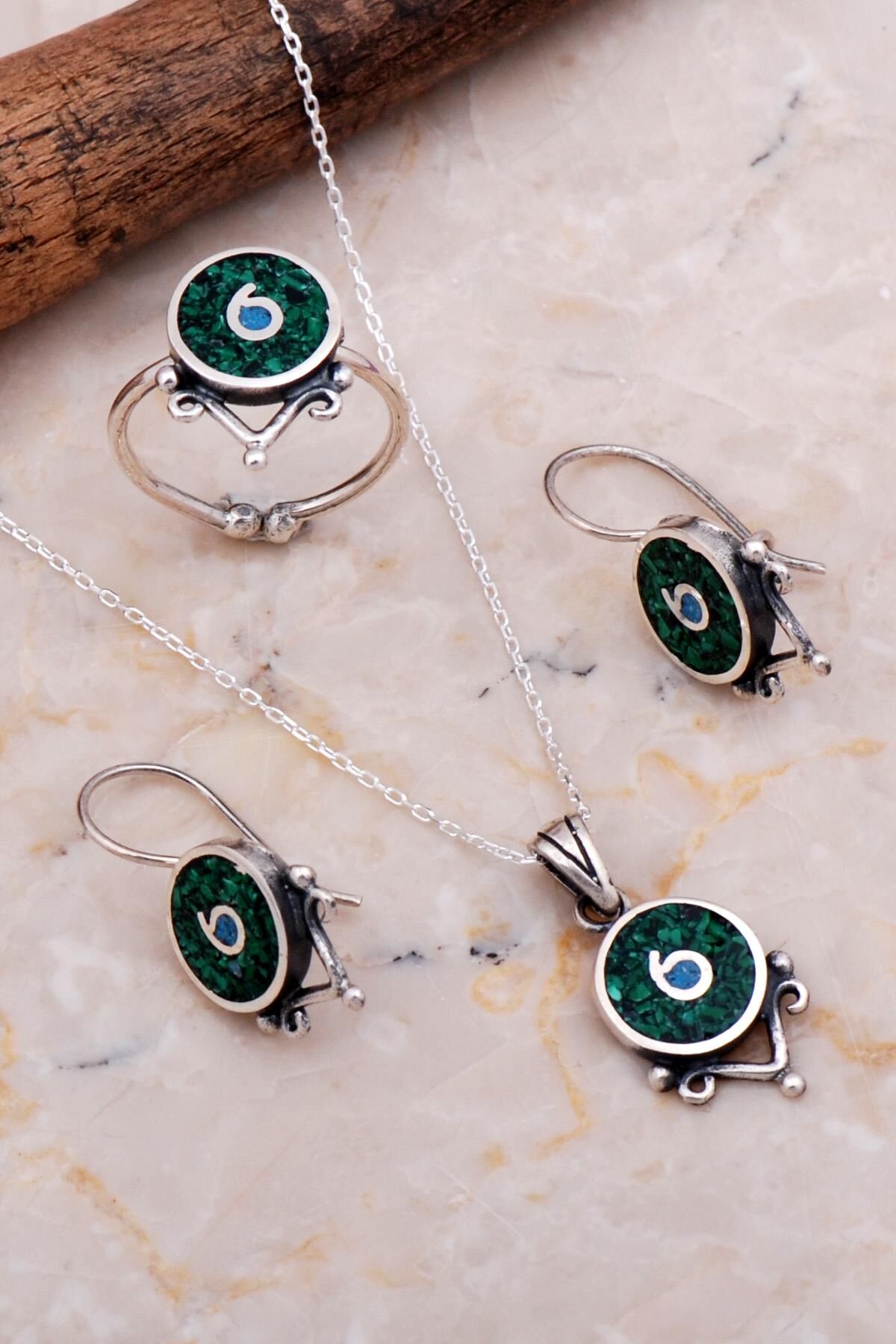 Antik Mozaik İşlemeli Malakit Taşlı Gümüş Set 2633