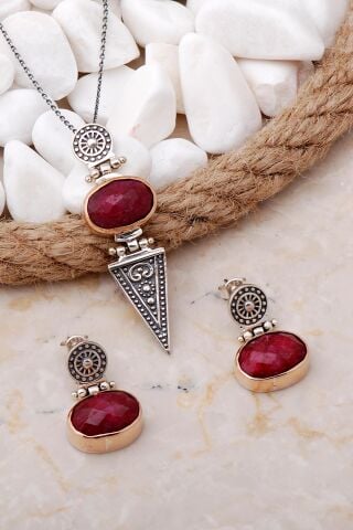 Kök Yakut Antik Tasarım Elişi Gümüş Set 2099