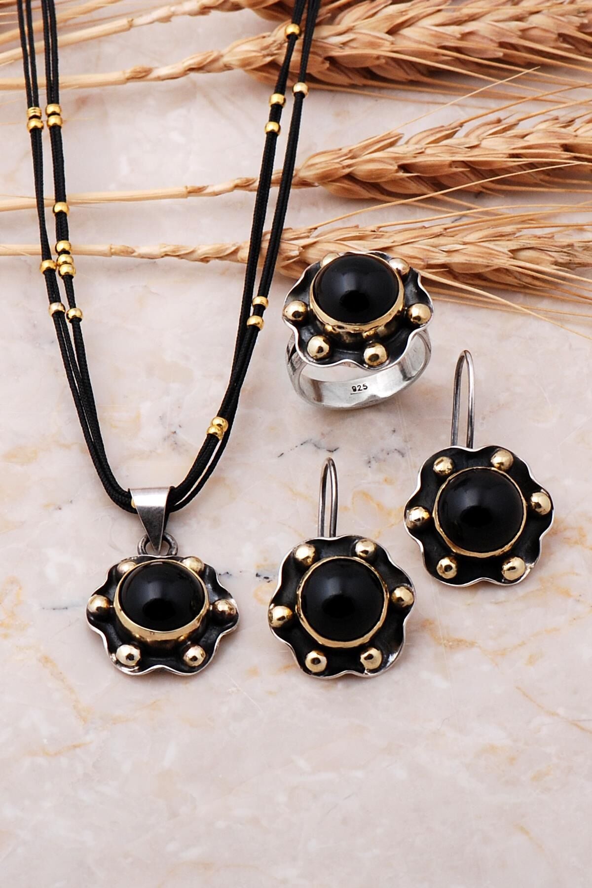 Oniks Taşlı Dalgalı Gümüş Set 559