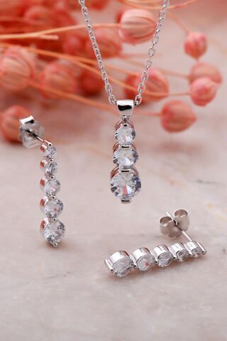 Su Yolu Pırlanta Montürlü Rodyumlu Gümüş Set 2340