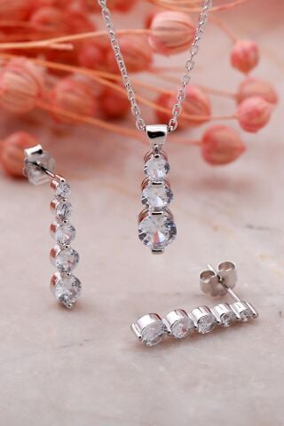 Su Yolu Pırlanta Montürlü Rodyumlu Gümüş Set 2340