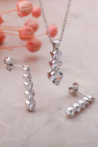 Su Yolu Pırlanta Montürlü Rodyumlu Gümüş Set 2340