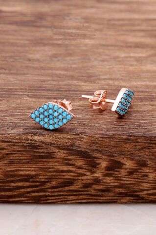 Turkuaz Taşlı Göz Tasarım Rose Gümüş Küpe 3778