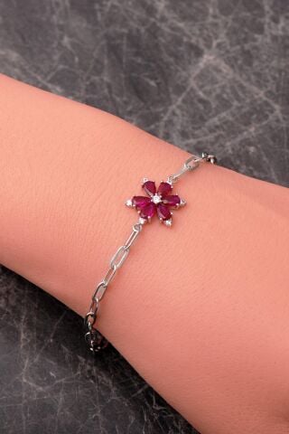 Yakut Taşlı Lotus Rodyumlu 925 Ayar Gümüş Ataç Bileklik 4936