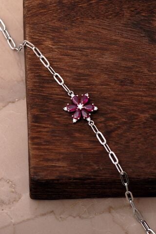 Yakut Taşlı Lotus Rodyumlu 925 Ayar Gümüş Ataç Bileklik 4936