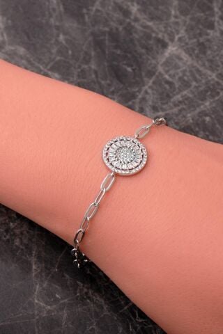 Işıltılı Baget Taşlı Rodyumlu 925 Ayar Gümüş Ataç Bileklik 4937