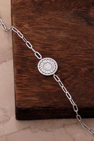 Işıltılı Baget Taşlı Rodyumlu 925 Ayar Gümüş Ataç Bileklik 4937