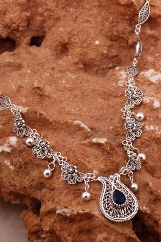 Safir Laleli Telkari İşlemeli Gümüş Gerdanlık Kolye 8011