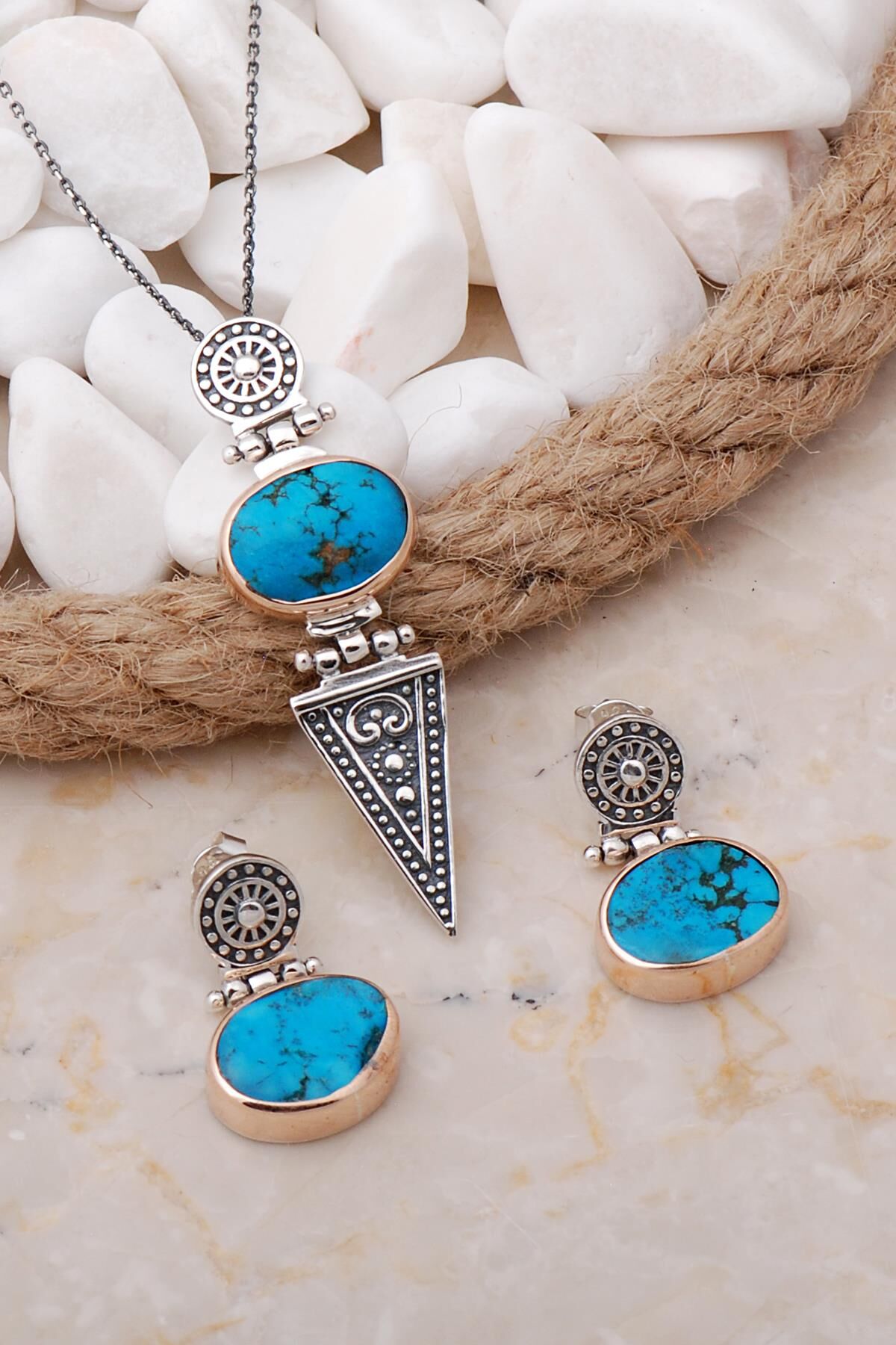 Turkuaz Antik Tasarım Elişi Gümüş Set 2100