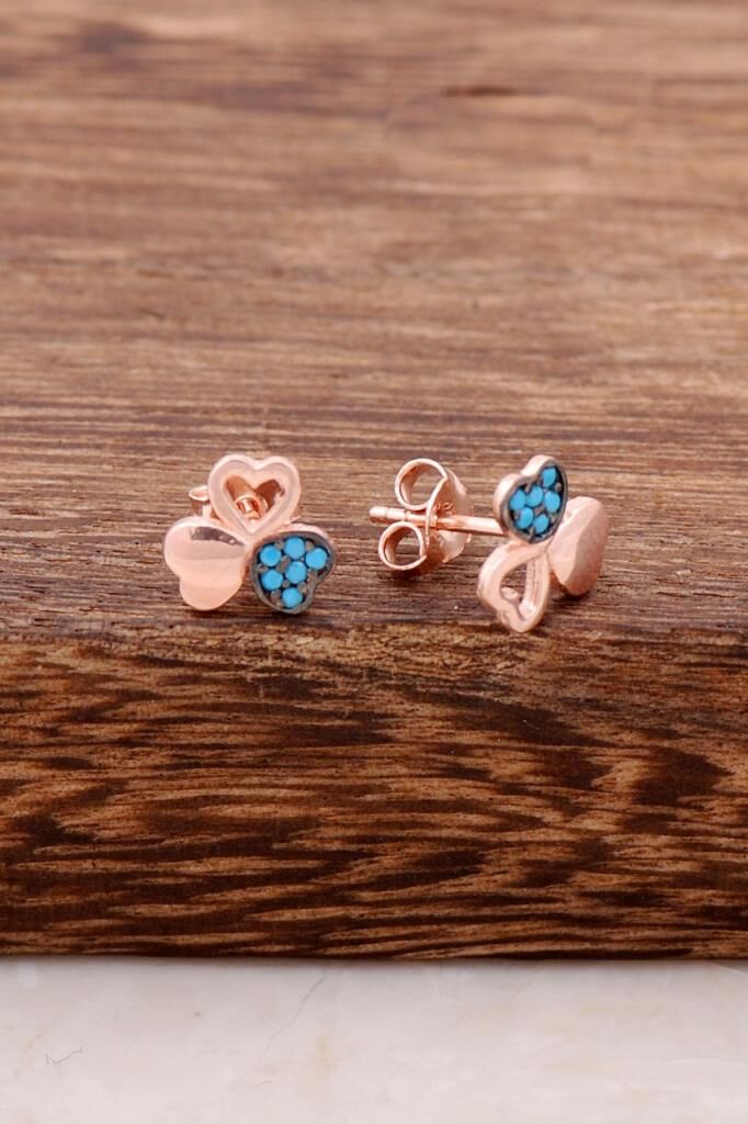 Turkuaz Taşlı Yonca Tasarım Rose Gümüş Küpe 3779