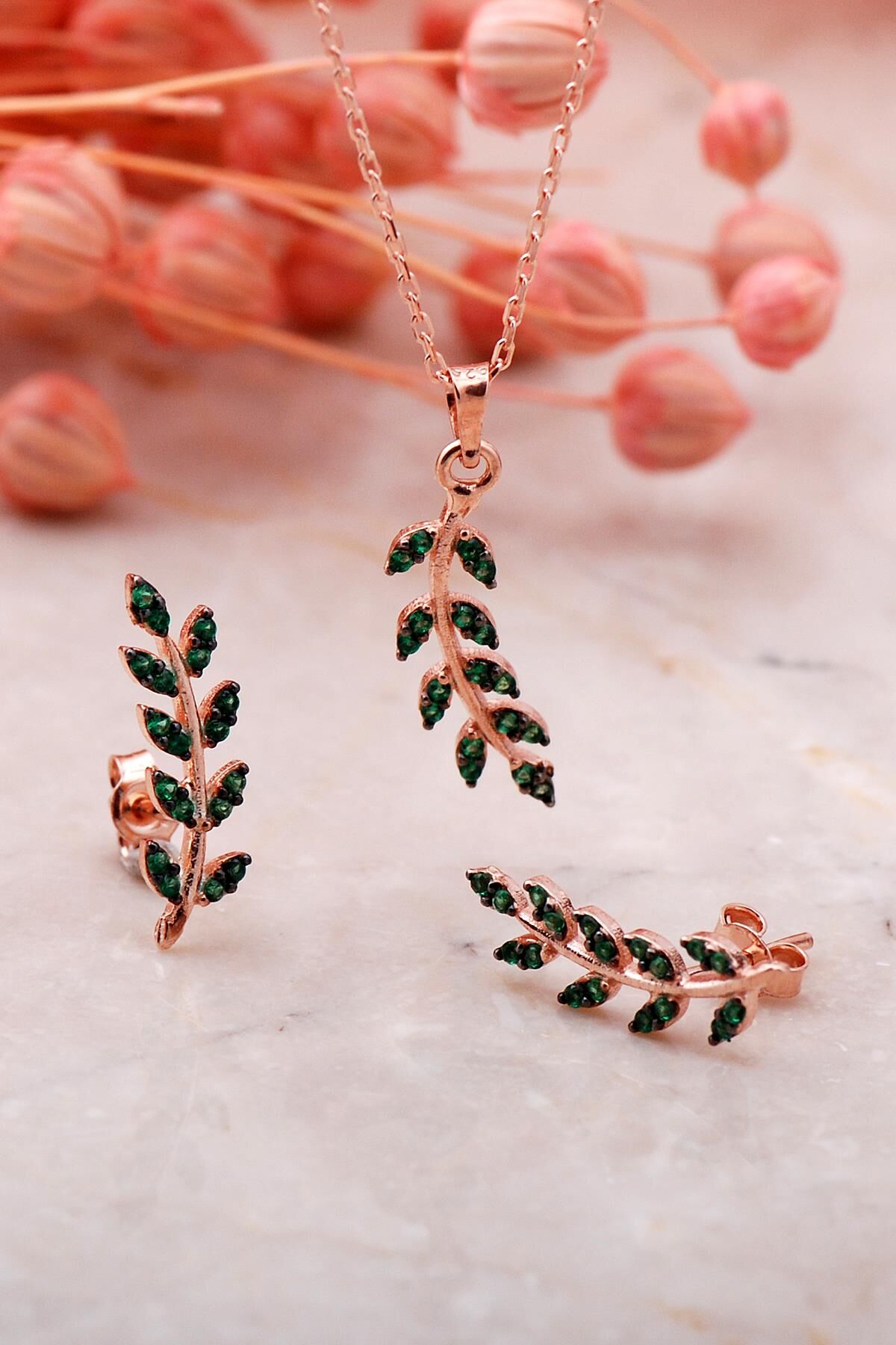 Yaprak Tasarım Yeşil Rose Gümüş İkili Set 2341