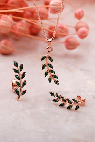 Yaprak Tasarım Yeşil Rose Gümüş İkili Set 2341