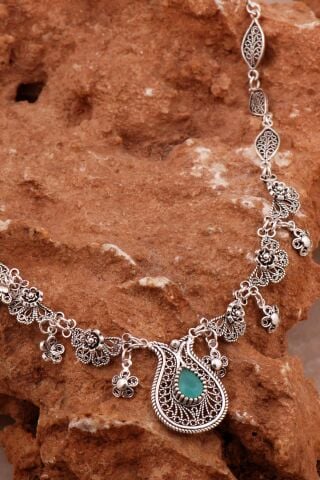 Kalsedon Laleli Telkari İşlemeli Gümüş Gerdanlık Kolye 8012