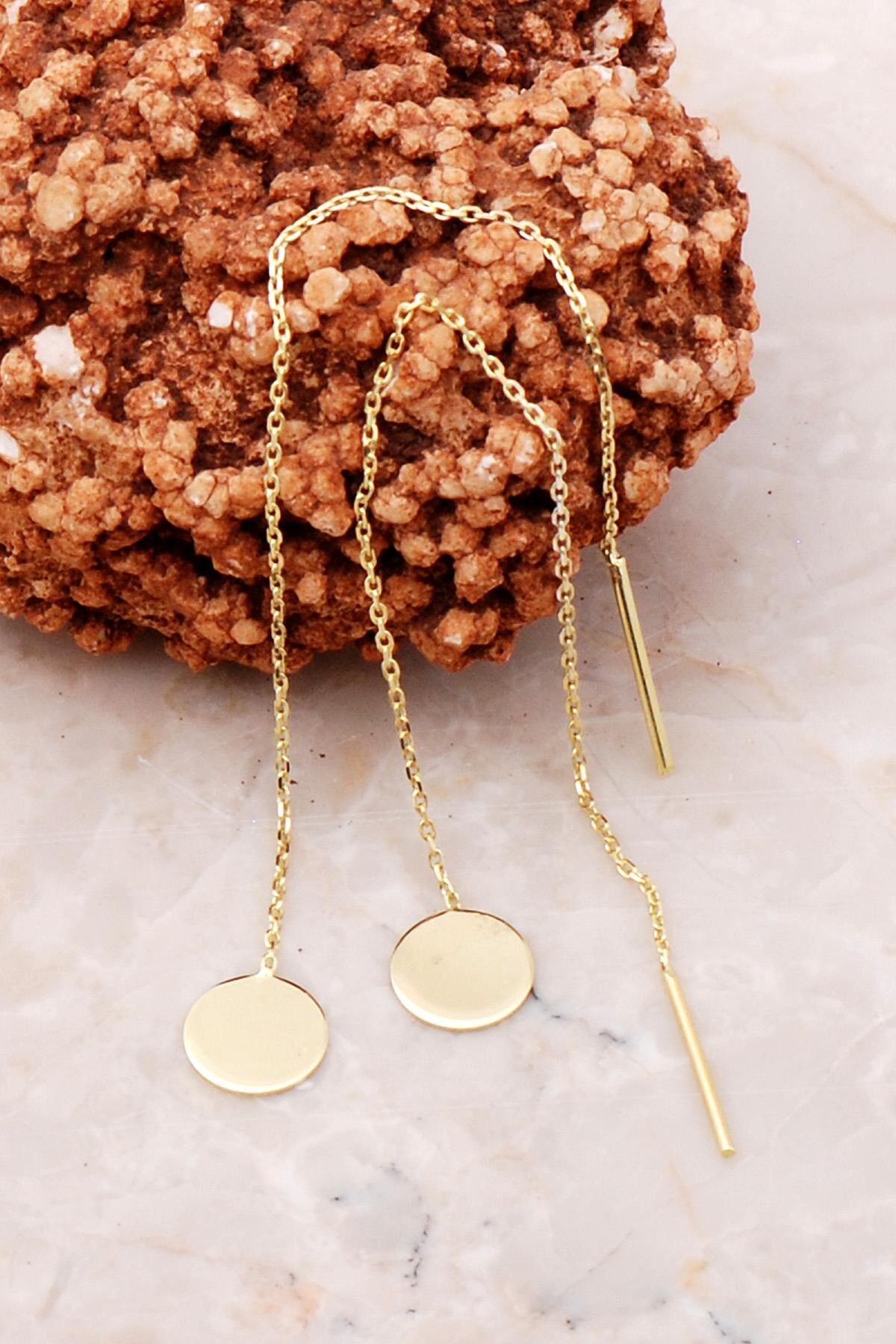 Pullu Altın Yaldızlı Gümüş Zincir Küpe 5189