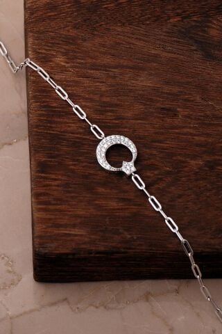 Taşlı Ay Yıldız Rodyumlu 925 Ayar Gümüş Ataç Bileklik 4938