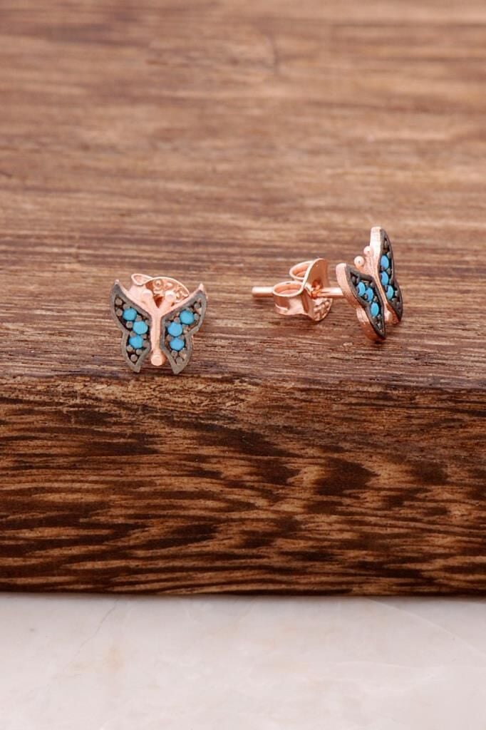 Turkuaz Taşlı Kelebek Tasarım Rose Gümüş Küpe 3780