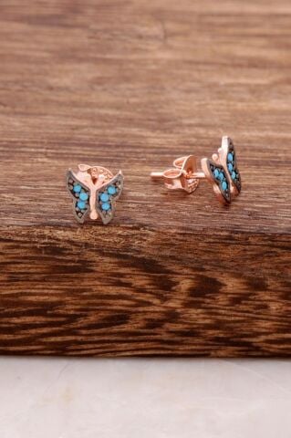 Turkuaz Taşlı Kelebek Tasarım Rose Gümüş Küpe 3780