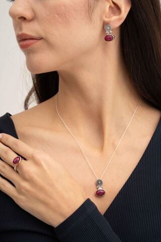 Kök Yakut Taşlı Antik Elişi Gümüş Set 2838