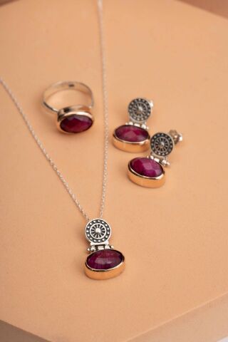 Kök Yakut Taşlı Antik Elişi Gümüş Set 2838