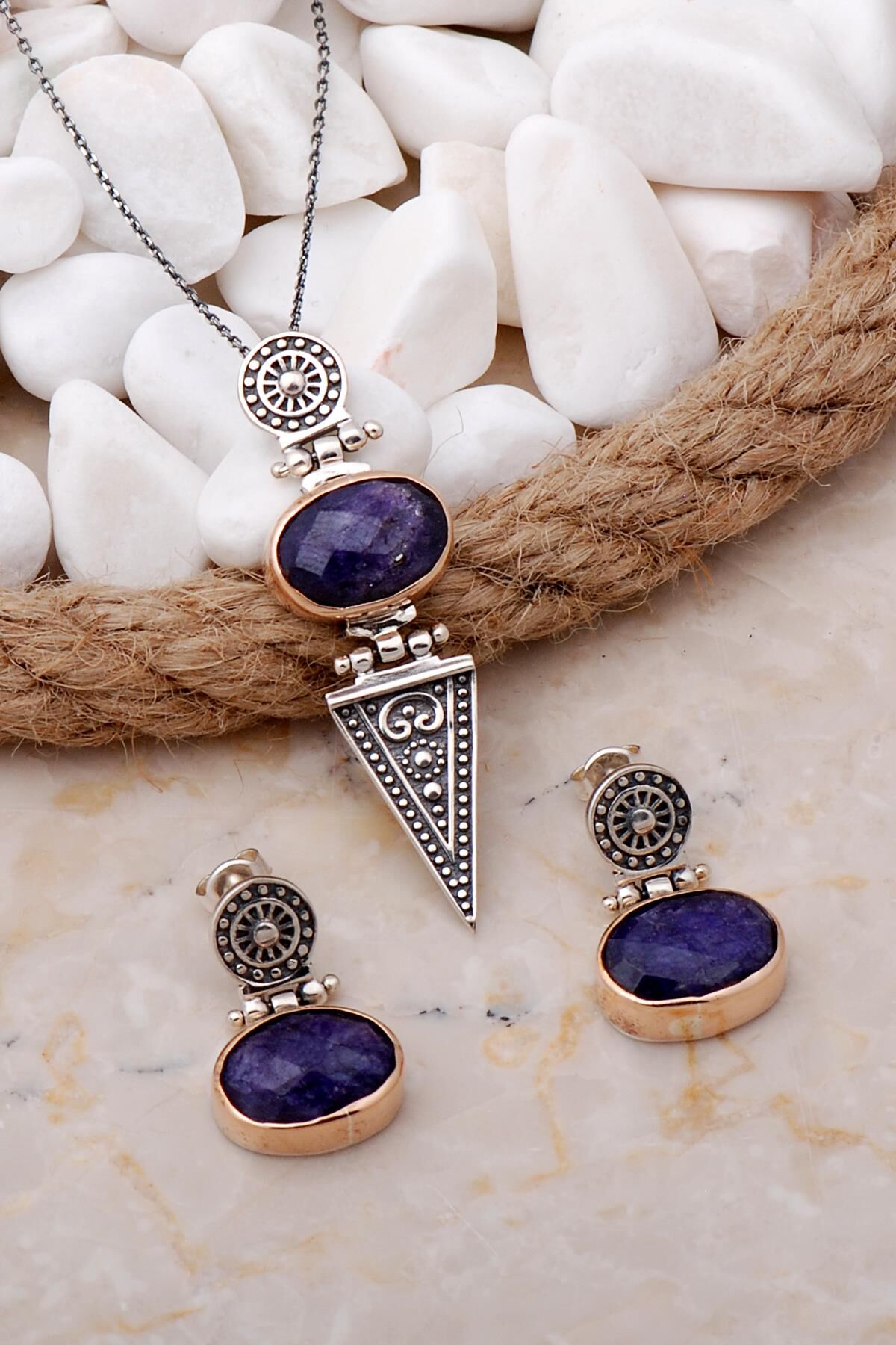 Safir Antik Tasarım Elişi Gümüş Set 2102